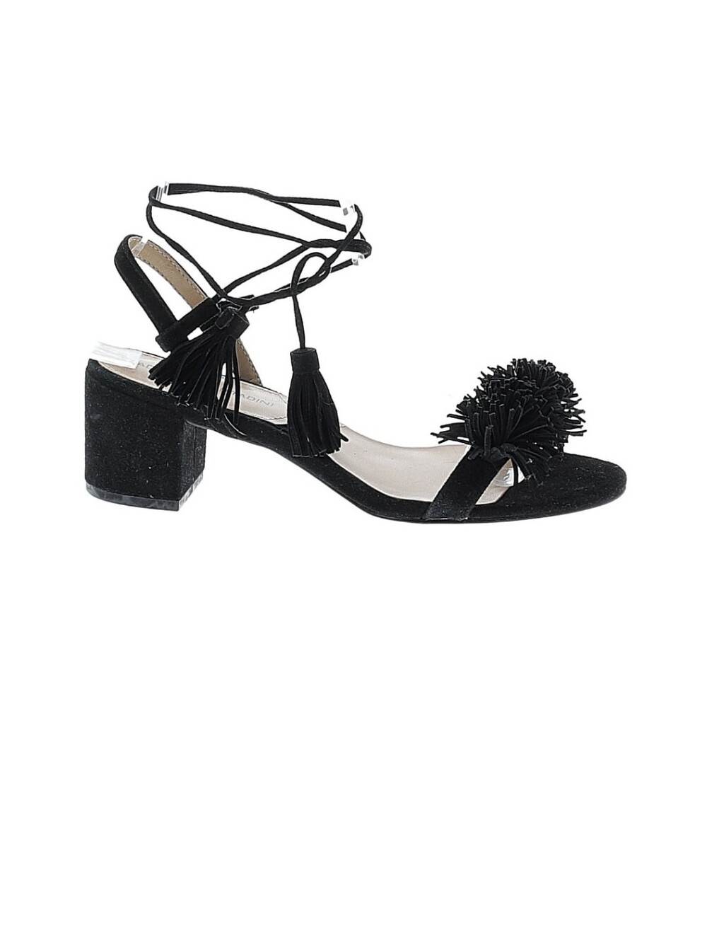 Black Fringe Ankle-Tie Block Heel Sandals